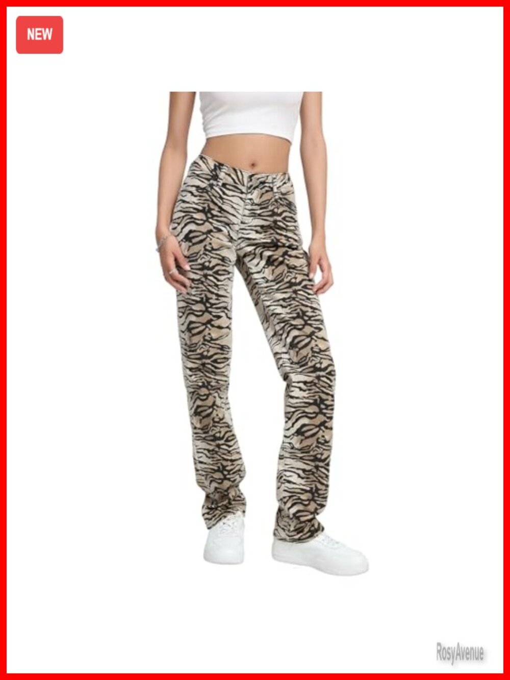 Straight Leg Tiger Print Jeans Grunge Streetwear Mid Rise Loose Fit